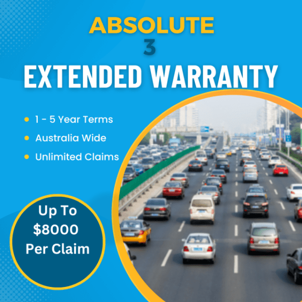 Promotional image for Absolute Level 3 Extended Warranty featuring a busy highway with cars and key benefits listed on a blue background.