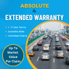 Promotional image for Absolute Level 4 Extended Warranty featuring a busy highway with cars and key benefits listed on a blue background.