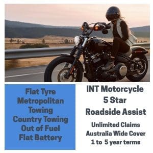 INT Motorcycle Roadside Assistance 5 Star Cover covers out of fuel, flat battery, flat tyre and towing