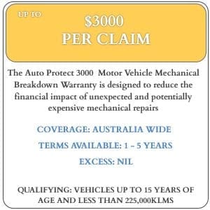 The Australian Warranty Network Auto Protect 3000A Mechanical Breakdown Warranty is designed to provide assistance with the cost of repair or replacement of Listed Components of your vehicle due to a Breakdown or Failure.
