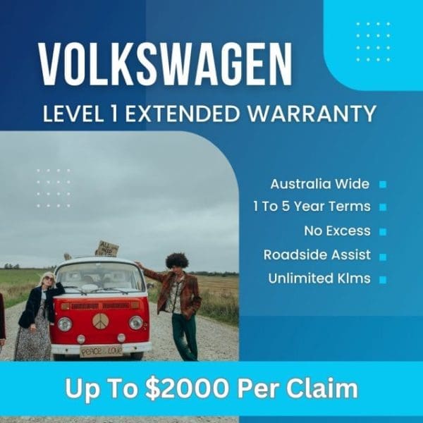 An advertisement for the Volkswagen Level 1 Extended Warranty. It features a red Volkswagen kombi van on a road, with a modern and professional design layout.