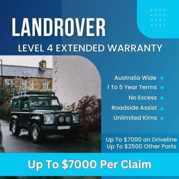 Landrover Level 4 Extended Warranty banner showing SUV in a desert setting with features including up to $7000 per claim, 1 to 5 year terms, and roadside assistance.