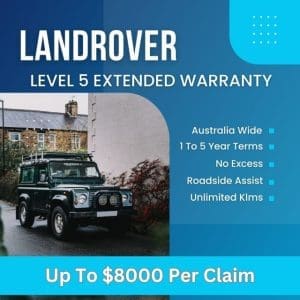 Landrover Level 5 Extended Warranty banner showing SUV in a desert setting with features including up to $8000 per claim, 1 to 5 year terms, and roadside assistance.