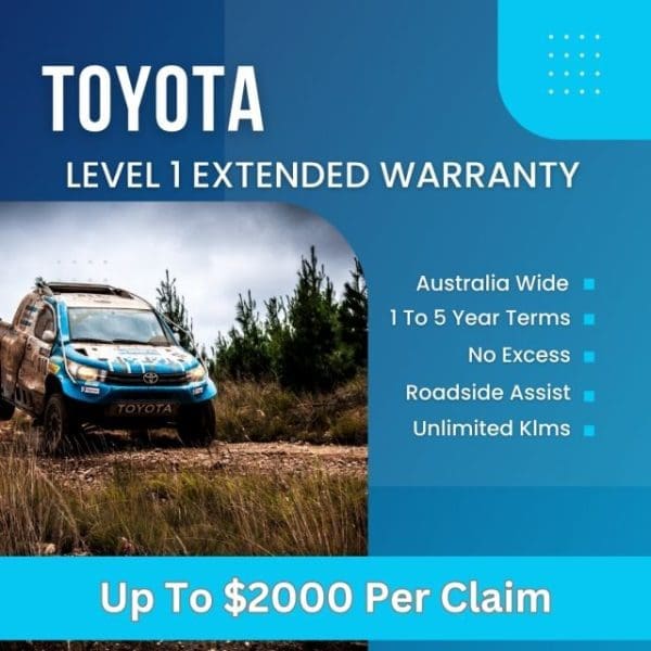 Toyota Level 1 Extended Warranty promotional image showing a blue 4wd on a dirt track with benefits listed on the side including "Australia Wide," "1 to 5 Year Terms," "No Excess," "Roadside Assist," and "Unlimited Kilometers," along with "Up to $2000 Per Claim" highlighted at the bottom.