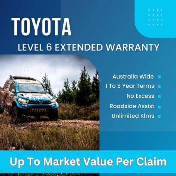 Toyota Level 6 Extended Warranty promotional image showing a blue 4wd on a dirt track with benefits listed on the side including "Australia Wide," "1 to 5 Year Terms," "No Excess," "Roadside Assist," and "Unlimited Kilometers," along with "Up to Market Value Per Claim" highlighted at the bottom.