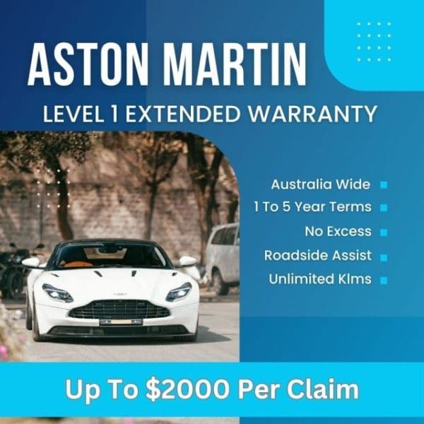 Aston Martin Level 1 Extended Warranty promotional image featuring a white Aston Martin parked outdoors, highlighting benefits such as Australia-wide coverage, 1 to 5-year terms, no excess, roadside assist, unlimited kilometers, and up to $2,000 per claim.