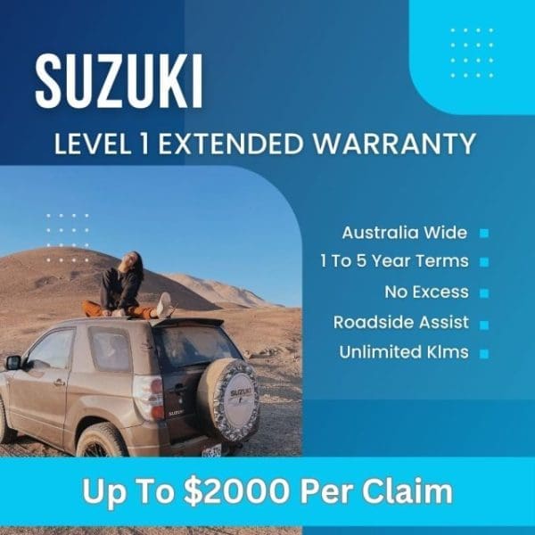 Suzuki Level 1 Extended Warranty banner showing SUV in a desert setting with features including up to $2000 per claim, 1 to 5 year terms, and roadside assistance.