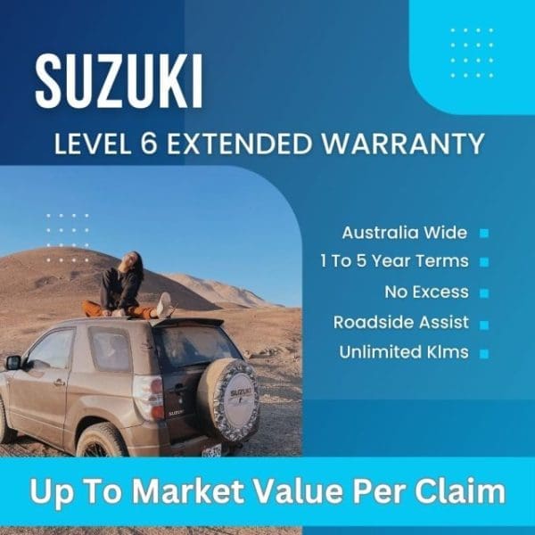 Suzuki Level 6 Extended Warranty banner showing SUV in a desert setting with features including up to market value per claim, 1 to 5 year terms, and roadside assistance.