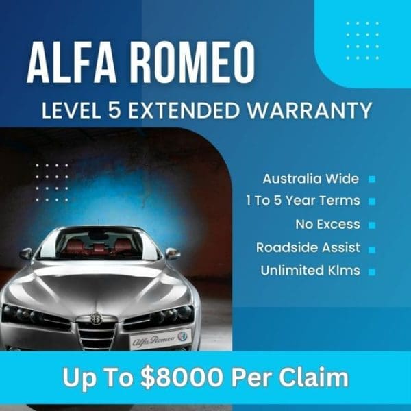 Alfa Romeo Level 5 Extended Warranty banner showing front of car with blue backlight with features including up to $8000 per claim, 1 to 5 year terms, and roadside assistance.