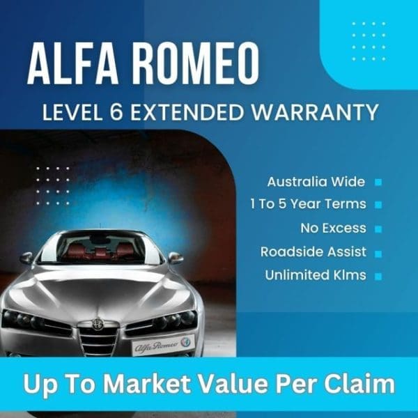 Alfa Romeo Level 6 Extended Warranty banner showing Alfa Romeo Car with blue lighting in the background with features including up to market value per claim, 1 to 5 year terms, and roadside assistance.