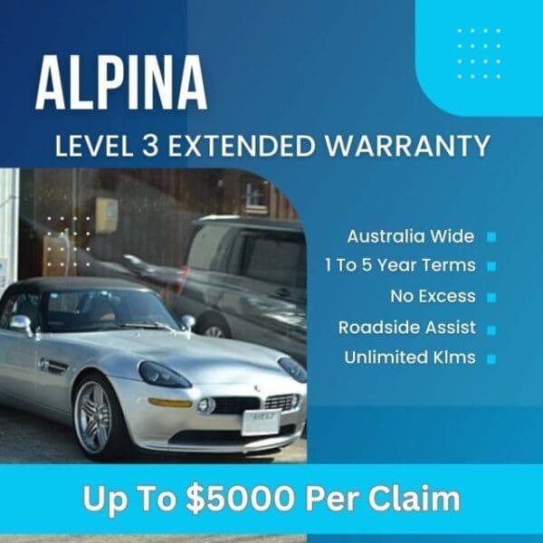 Aplina Level 3 Extended Warranty promotional image featuring a white Aston Martin parked outdoors, highlighting benefits such as Australia-wide coverage, 1 to 5-year terms, no excess, roadside assist, unlimited kilometers, and up to $5,000 per claim.