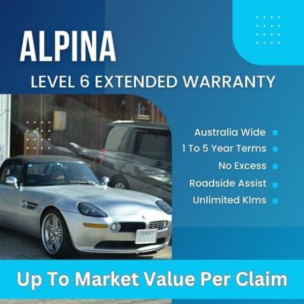 Alpina Level 6 Extended Warranty banner showing Alfa Romeo Car with blue lighting in the background with features including up to market value per claim, 1 to 5 year terms, and roadside assistance.