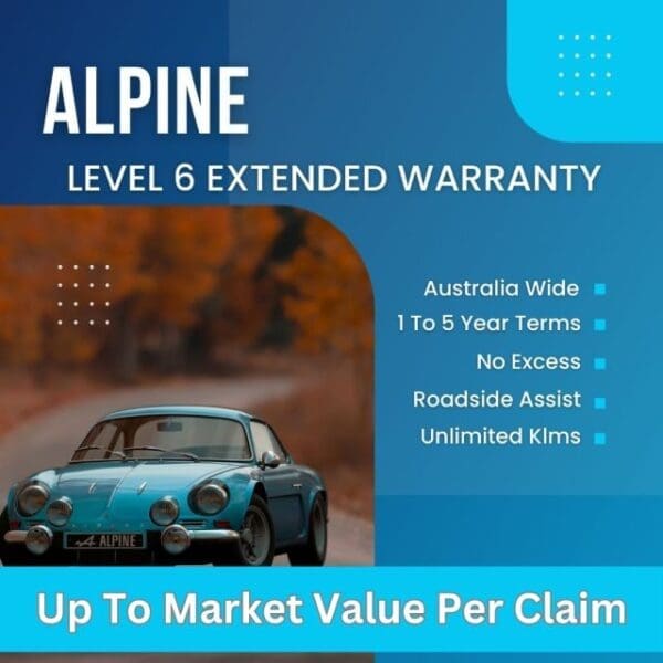 Alpine Level 6 Extended Warranty banner showing Alfa Romeo Car with blue lighting in the background with features including up to market value per claim, 1 to 5 year terms, and roadside assistance.